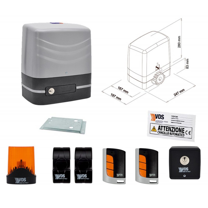 VDS CARRERA KIT CANCELLO SCORREVOLE 800 KG 230V CON CENTRALE DI COMANDO E RICEVENTE RADIO 433 MHZ - ML0110