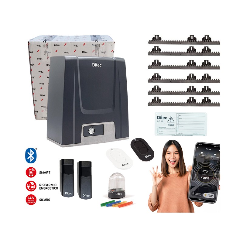 DITEC KIT ION 24V 600KG CONNETTIVITA' BLUETOOTH CANCELLO SCORREVOLE DITION6BL 6MT CREMAGLIERA ML347